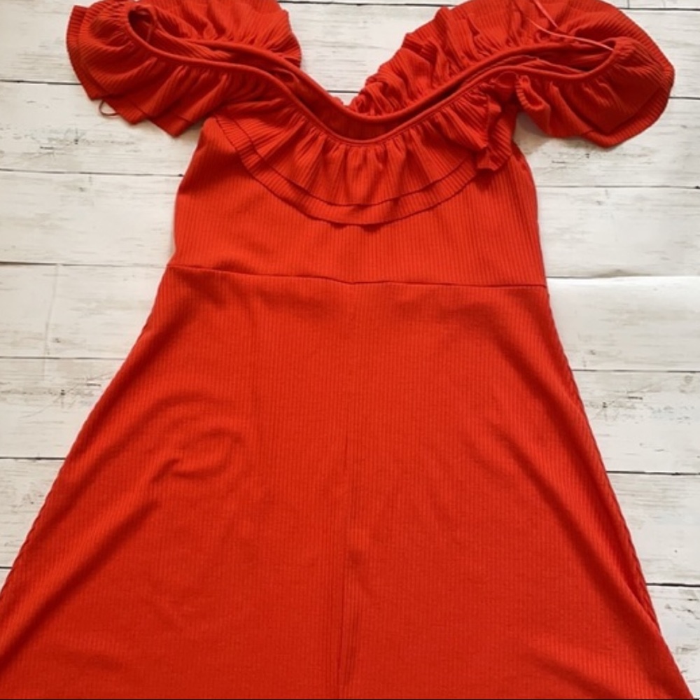 Zara Ribbed Ruffle Off Shoulder Orange Dress - Picture 2 of 6